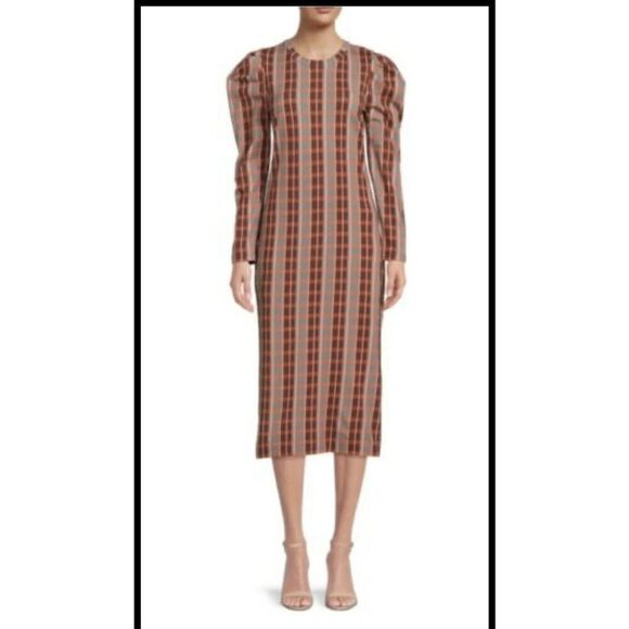 Tanya Taylor Nancy Dress Gray Burgundy Pink Plaid MSRP$295 Organic Cotton 1X NWT - Picture 1 of 7